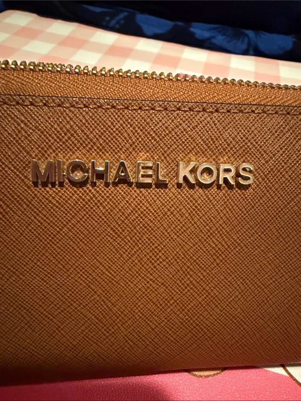 Michael Kors Tan Saffiano Zip Wallet with Gold Logo